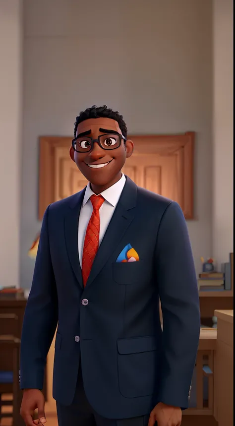 transform the image into a Pixar Disney cartoon character of a dark-skinned man with black glasses, sorridente, vestido de terno azul, blusa branca, gravata vermelha , Estilo Pixar