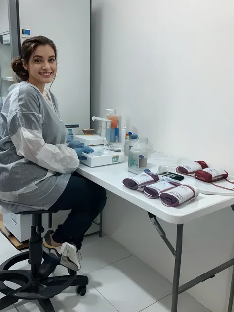 Transformar para estilo Disney pixar. Uma mulher sentada em um banco, in a blood test lab. A mulher tem cabelo loiro escuro, olhos verdes escuros, with a beautiful smile and hair tied back and is looking at the photo.