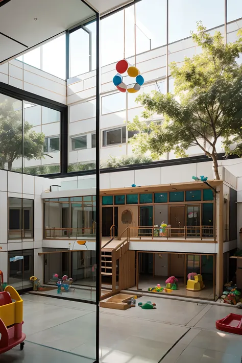 Create an art in architecture of a stylish childrens daycare center in glass with lots of trees and toys scattered around