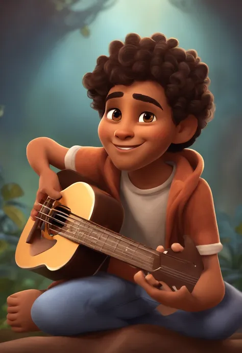 crie um banner no estilo Pixar. A boy with Indian features, moreno pardo com cabelos curtos, Castanhos escuros, Curly and slightly grayish appearance, mas jovem, usando uma camiseta, Wearing jeans and holding a classical guitar with 7 strings.