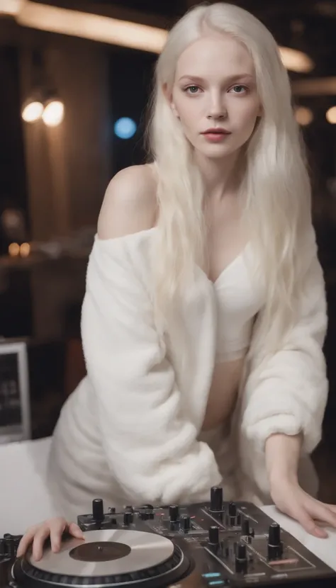 make a wonderful 20 year old albino girl in night clothes working as a Dj at night, with a brown birthmar k in your arm like 2 stars one bigger and one smaller. she is attractive. have a long hair. with a basic clothes.