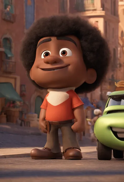 A city councilman looking at a dream project inspired by Pixar animation, de perto. The character takes center stage with captivating facial expressions, oferecendo um toque de irrealidade. (Homem negro de cabelos afro curto) Pele moreno ,(com barca cheia,...