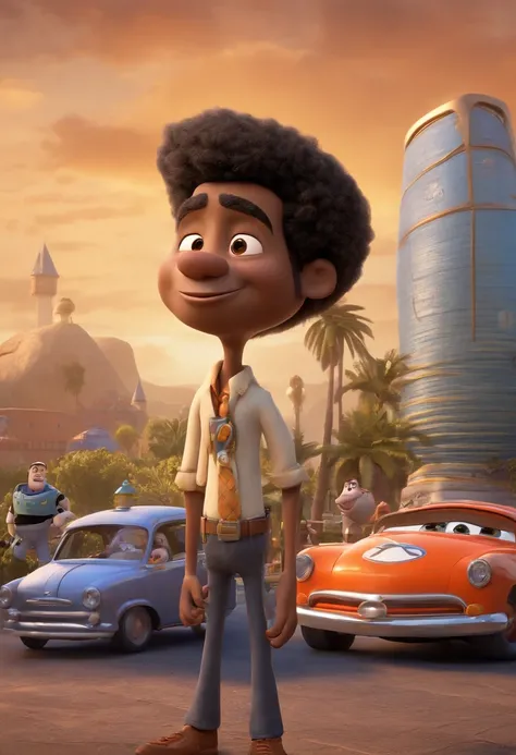 A city councilman looking at a dream project inspired by Pixar animation, de perto. The character takes center stage with captivating facial expressions, oferecendo um toque de irrealidade. (Homem negro de cabelos afro curto) Pele moreno ,(com barca cheia,...