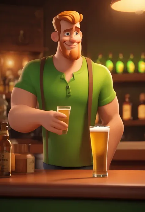 cartoon character of a 30-year-old, slim man with short blond hair, short chin beard, green eyes, green t-shirt, holding a glass of beer in his hand, behind a counter in an Irish-style bar with the yellowish lights, animation character, stylized character,...