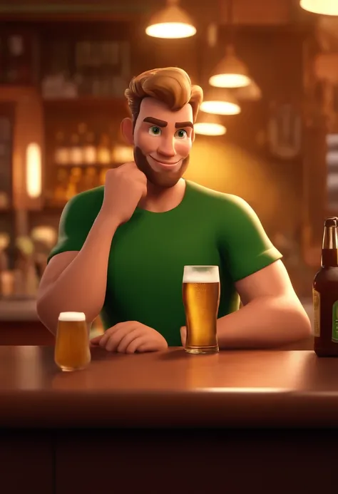 cartoon character of a 30-year-old, slim man with short blond hair, short chin beard, green eyes, green t-shirt, holding a glass of beer in his hand, behind a counter in an Irish-style bar with the yellowish lights, animation character, stylized character,...