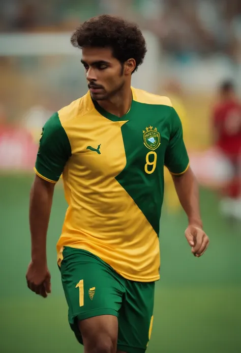 Menino cabelo liso marrom de chuteira verde  jogando futebol