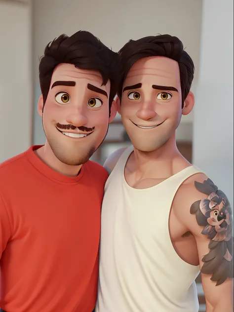 Casal (dois homens branca) no estilo Disney Pixar, um de cabelo cacheado,Other Short Straight Hair Smiling For Camera High Quality, melhor qualidade.