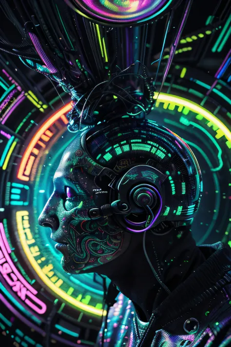 Papel de parede Alien cyborgue Psy Trance com fones de ouvido, Stimulus to Art, cores vibrantes, Detailed alien creature, Swirling psychedelic patterns, neon lights, atmosfera estranha, Estilo de Arte Digital, 8K resolution