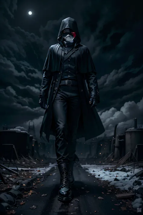 Homicidal Maniac, He wears a black cloak with a belt, Underneath the raincoat is a black sweater with a warm collar, He wears a black hat on his head, On his face is a black leather mask, On her feet, black jeans and military boots, A large knife in his ha...