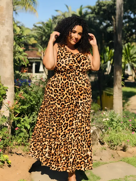 Araffe woman in a leopard print dress standing in a garden, vestido de selva, plus size, mulher plus size, full-length view, comprimento de corpo inteiro, plus size, standing in the savannah, corpo inteiro, tiro de corpo inteiro!!, figura completa, standin...