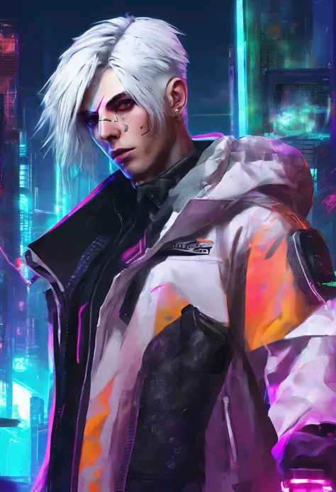 1 male, white hair, femboy, netrunner