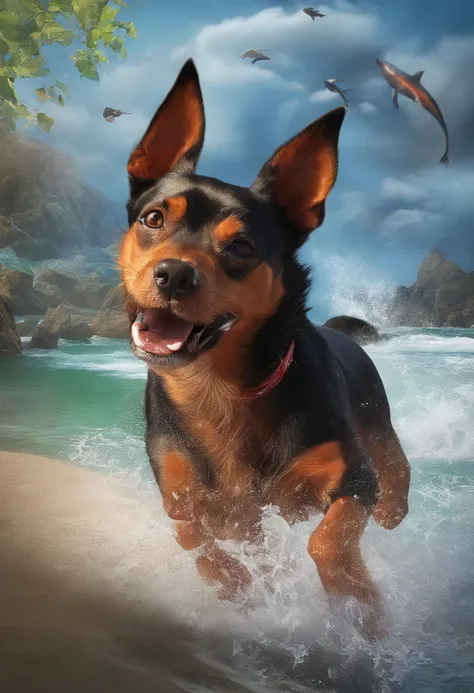 Antecedentes muito detalhados, master part, com a melhor qualidade, A red black-backed dog of the pinscher breed runs along the shore, sol brilhante, O spray das ondas brilha na luz, Two dolphins can be seen from the water