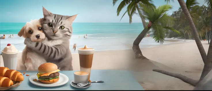 Theres a cat and a dog sitting cuddling in front of a table where there are burgers and coffee. De fondo la playa con palmeras. Estilo fotorrealista.  stylized digital illustration, amazingly composed image.