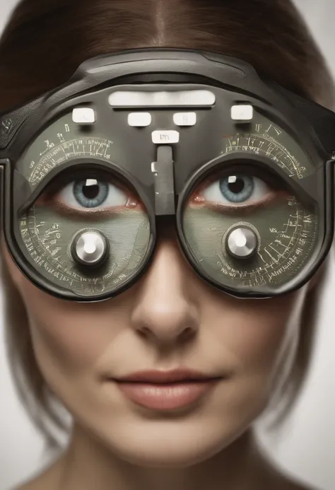 Generate a realistic image in high resolution, of a woman having an eye exam on the ophthalmoscope of the Snellen test, showing the exam plate in the background and her straining her eyes with difficulty to see letters and numbers with a worried face