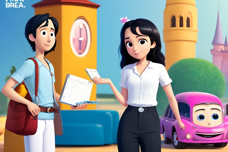 Disney Pixar movie poster with the title: Anna, a girl with straight black hair, brown eyes with blush and a white blouse and pink pants, holding a calculator and jesus behind. A cena deve ser estilo Pixar 3D,com cores