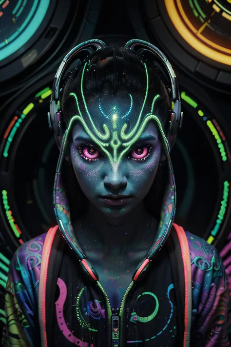 Papel de parede Alien Psy Trance com fones de ouvido, Stimulus to Art, cores vibrantes, Detailed alien creature, Swirling psychedelic patterns, neon lights, atmosfera estranha, Estilo de Arte Digital, 8K resolution