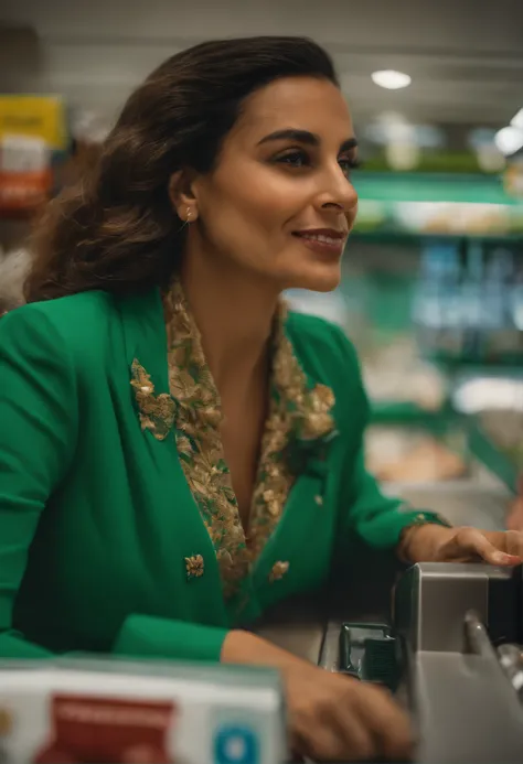 mulher sorridente em uma jaqueta verde em uma loja com um ventilador, at the counter, Malika Favre, taken in the early 2020s, ficou em um supermercado, Foto de perfil, Alanis Guillen, foto do perfil, looking to the side off camera, lindamente iluminado, im...