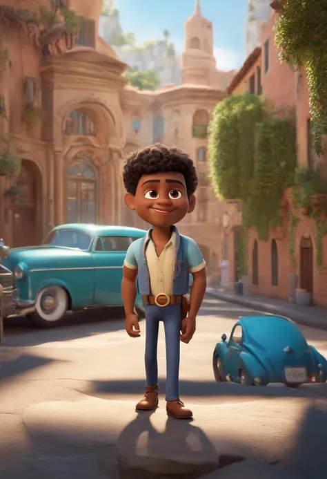 A city councilman looking at a dream project inspired by Pixar animation, de perto. The character takes center stage with captivating facial expressions, oferecendo um toque de irrealidade. (Homem negro de cabelo curto) Pelé Moreno ,com barca cheia, olhos ...