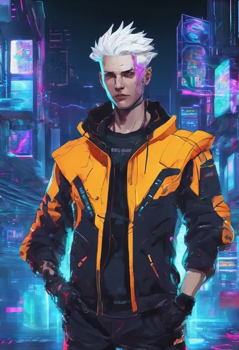 1 male, white hair, male with female features , netrunner