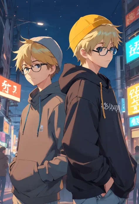 The boy is wearing a black hoodie and has an "advisory" written on the chest of the jacket, and the boy is wearing a gray beanie hat and wearing round black glasses and has yellow hair.