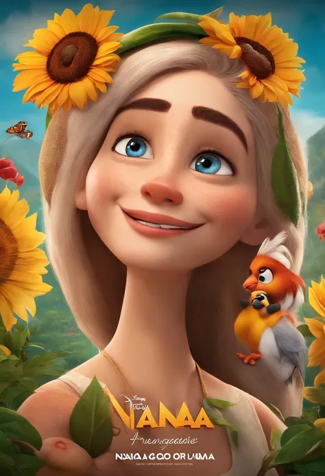 Create a Disney Pixar 3d style movie poster with the title "NANA", uma garota sensual em cima de uma cama, cabelos longos e ruivos, olhos castanhos, com uma tatuagem de flor no joelho direito.