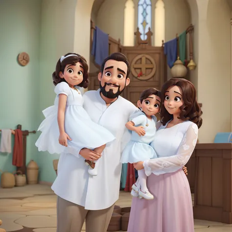 familia, pai de barba pequena, 2 filhas, esposa, estilo disney pixar, 4k, melhor qualidade, alta qualidade, fundo desfocado, angulo aberto, igreja, imagem de Nossa senhora ao fundo.