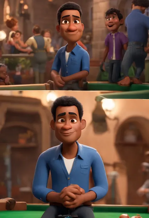 A city councilman looking at a dream project inspired by Pixar animation, de perto. The character takes center stage with captivating facial expressions, oferecendo um toque de irrealidade. (Homem negro de cabelo curto) Pelé Moreno ,com barca cheia, olhos ...