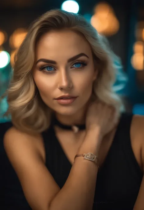 Blonde woman posing in nightclub with matching tank top and skirt, Sexy girl with blue eyes, portrait sophie mudd, blur backgroun, Best quality, 1girll, Portrait of Corinna Kopf, blonde hair and large eyes, selfie of a young woman, Orn makeup, natural make...