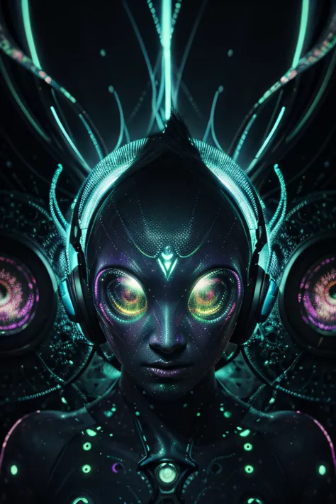 Papel de parede Alien Psy Trance com fones de ouvido, Stimulus to Art, cores vibrantes, Detailed alien creature, Swirling psychedelic patterns, neon lights, atmosfera estranha, Estilo de Arte Digital, 8K resolution