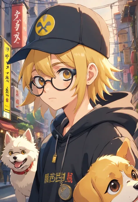 The boy who is wearing a black hoodie and has a parental advisory logo on the chest of the hoodie is wearing a gray beanie hat and wearing a dog tag necklace and wearing full dark round sunglasses and has yellow hair