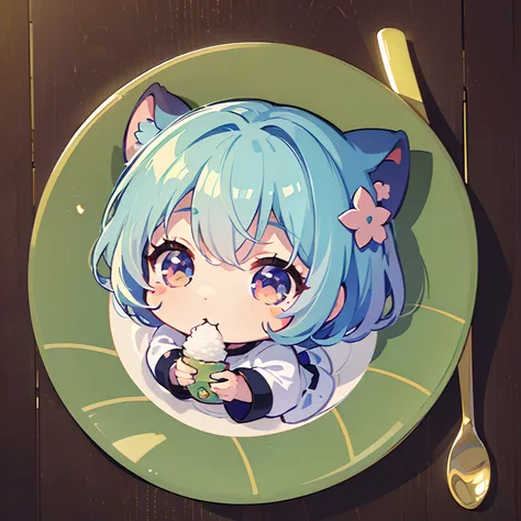 ((a sticker:1.5)))、((Chibi Chara))、(((Eat lunch ))、Rice balls、Fluffy、1girl in、bowing、Thanks、Strongest、Chibi Chara、fullllbody、Pastel colors hair、Fairy tale、Fantastical、masutepiece、top-quality、high-level image quality