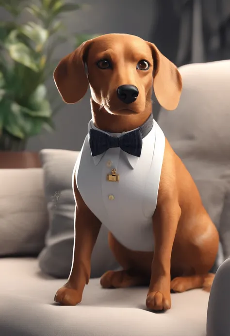 Create a pixer animation style . cachorro femea Dachshund, caramel and short hair, Elderly female some white hairs on muzzle.  Your chest is white. O cachorro esta sorrido. Ao lado do cachorro uma gato preto sentado. Com cara de bravo. It has a white bow t...