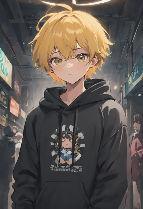 The boy who is wearing a black hoodie and has a parental advisory explicit content  logo on the chest of the hoodie, and wearing a gray beanie hat and wearing a dog tag necklace and wearing full dark round glasses and has yellow hair