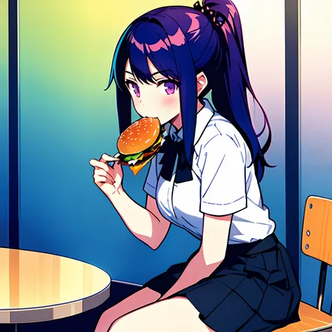 1 girl,solo,eating,burger,black hair,masterpiece, best quality,goth waifu,skirt,purple hair