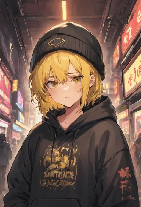 The boy who is wearing a black hoodie and has a parental advisory explicit content  logo on the chest of the hoodie, and wearing a black beanie hat, and wearing a dog tag necklace, and wearing full dark round glasses, and has yellow hair