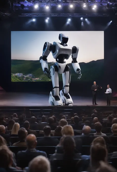 Visualize an advanced technology conference. On stage, an ultra-realistic robot is giving a lecture on artificial intelligence to an audience composed of humans. The robot, with its futuristic and detailed appearance, is gesturing and interacting with the ...