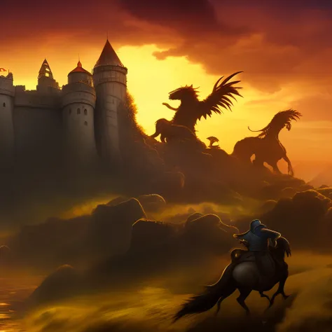 Castelo enorme resistindo um cerco de orcs,Red sky and a knight riding a griffin