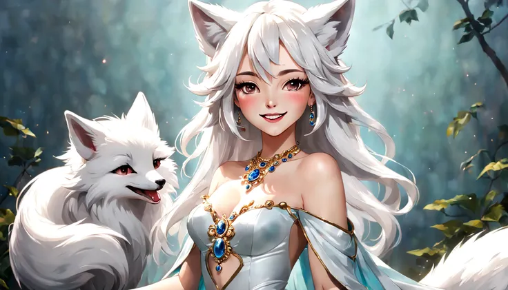 Uma imagem de alta qualidade、Masterpiece quality paintings are presented before us。There is a white fox with nine tails in the photo，Seu corpo lembra um vestido de porcelana de seda transparente。A raposa de nove caudas tem um rosto bonito，Wear beautiful ha...