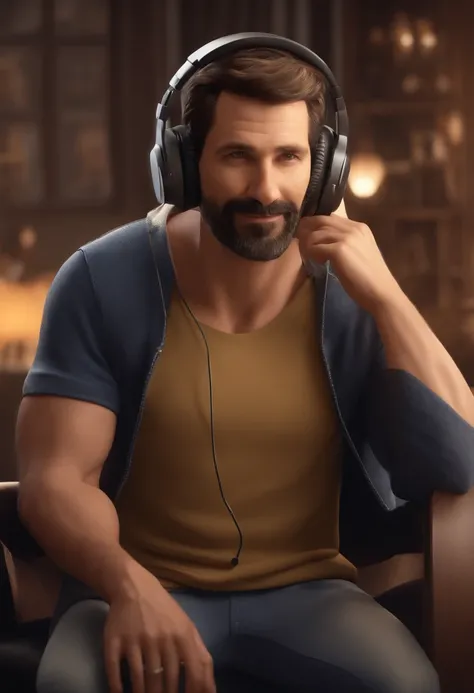 a man is 45 years old, his wife is 40 years old, his son is 10 years old, he has short hair, short beard, brown eyes, with headphones, DJ, a music studio in background, image in pixar style, 3D Animated Movie Style, disney, black t-shirt, his son wearing S...