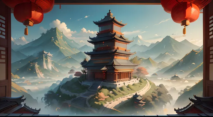 A landscape with mountains and rivers of parchment in the style of ((chino antiguo)) pagoda & Mountains A ((Little Chinese Dragon)) ((muralla china))