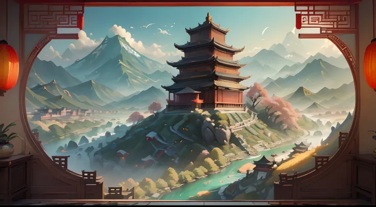 A landscape with mountains and rivers of parchment in the style of ((chino antiguo)) pagoda & Mountains A ((Little Chinese Dragon)) ((muralla china))