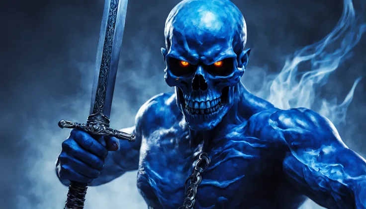 guerreiro esqueleto，Manto azul com chamas，Hold a sword in your hand，The skull has ghost fire in its eyes，Fora das chamas，Detalhes ultra-claros，arte oficial，Extreme Aesthetics，perspectiva de luz e sombra，powerful muscles，olhos ferozes，incomparable，Efeitos e...