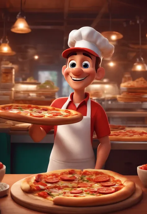 Disney Pixar-inspired character of a pizza maker with a white cap, Camisa do Chef, is smiling, Holding a pizza in hand inside a restaurant