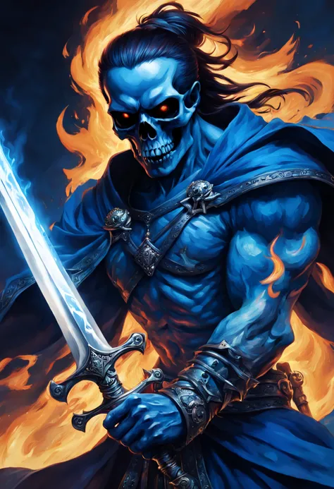 guerreiro esqueleto，Manto azul com chamas，Hold a sword in your hand，The skull has ghost fire in its eyes，Fora das chamas，Detalhes ultra-claros，arte oficial，Extreme Aesthetics，perspectiva de luz e sombra，powerful muscles，olhos ferozes，incomparable，Efeitos e...