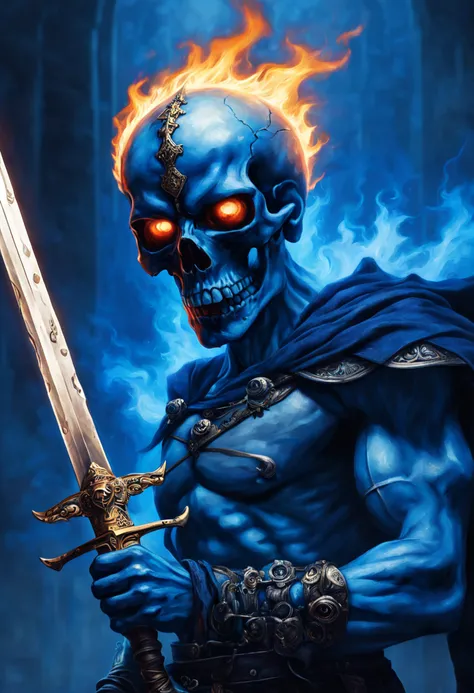 guerreiro esqueleto，Manto azul com chamas，Hold a sword in your hand，The skull has ghost fire in its eyes，Fora das chamas，Detalhes ultra-claros，arte oficial，Extreme Aesthetics，perspectiva de luz e sombra，powerful muscles，olhos ferozes，incomparable，Efeitos e...