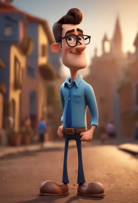 Cartoon character of a man with black glasses and a blue shirt, animation character, Caractere estilizado, animation style rendering, 3D estilizado, Arnold Maya render, 3 d render stylized, toon render keyshot, Personagem 3D, Personagem 3D, 3d rendering st...