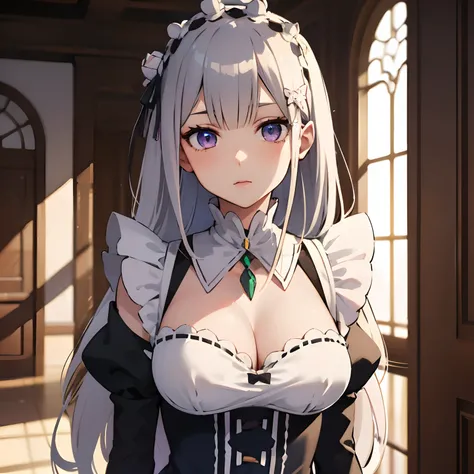 beautiful, masterpiece, best quality, extremely detailed face, perfect lighting, roswaal mansion maid uniform, 1girl, emilia, cleavage, breasts, cowboy shot