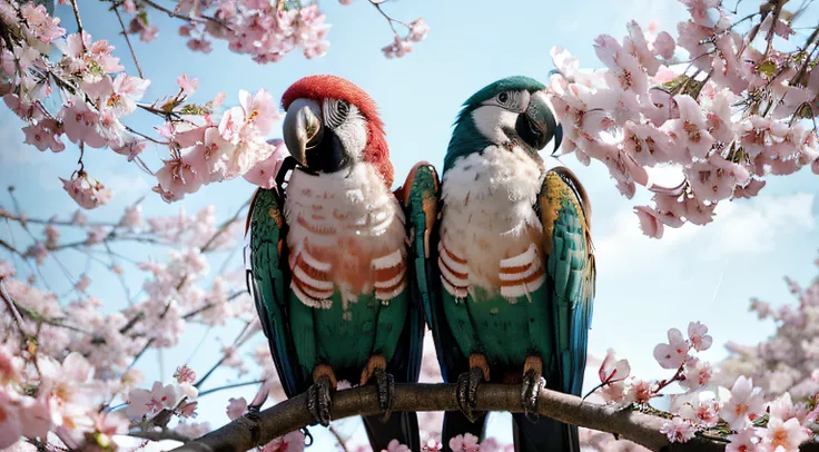 2 Beautiful colorfull macaws Near White Cherry Blossoms on Branches, pretty eyes, so cute, bright eyes, Fantasy creature, 3d, colorfull dreamy forest background, photo-realistic depiction, majestic bird, intricate plumage, iridescent feathers, 8K, vivid co...