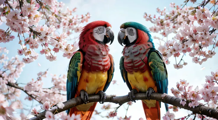 2 Beautiful colorfull macaws Near White Cherry Blossoms on Branches, pretty eyes, so cute, bright eyes, Fantasy creature, 3d, colorfull dreamy forest background, photo-realistic depiction, majestic bird, intricate plumage, iridescent feathers, 8K, vivid co...