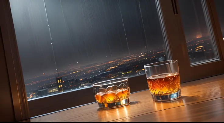 High-definition images、Realistic photos、Detailed description、Eye-level camera angle、１View from the bar on the floor、Bar glazing。Scenery through the glass、Rain outside the window、rain is falling、Blurred cityscape reflected in glass、Dimly lit cityscape。tranq...